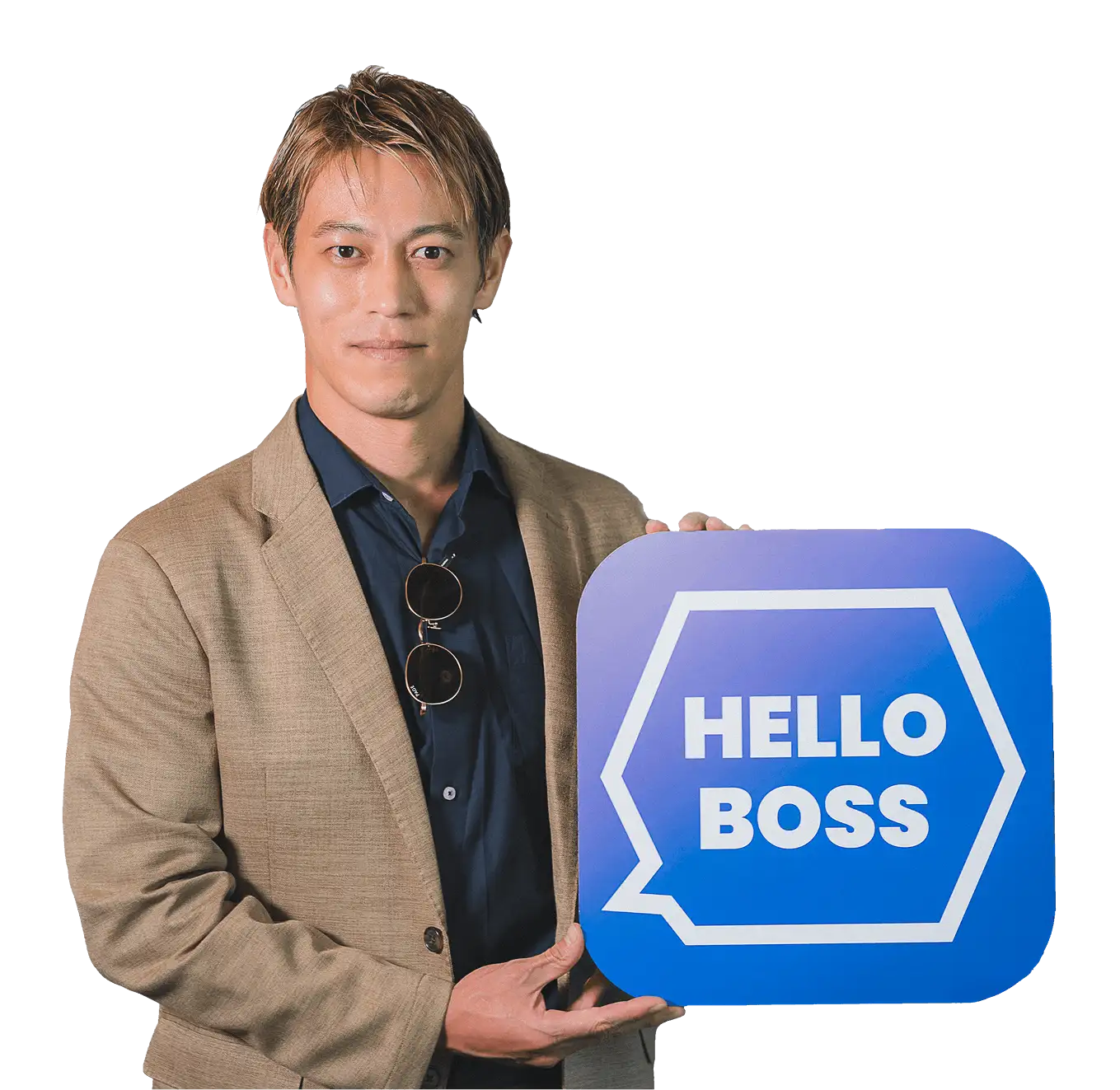 HelloBossのロゴを持つ投資家の本田圭佑氏